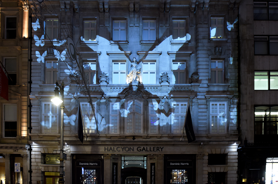 Projection onto Halcyon Gallery’s five-story façade